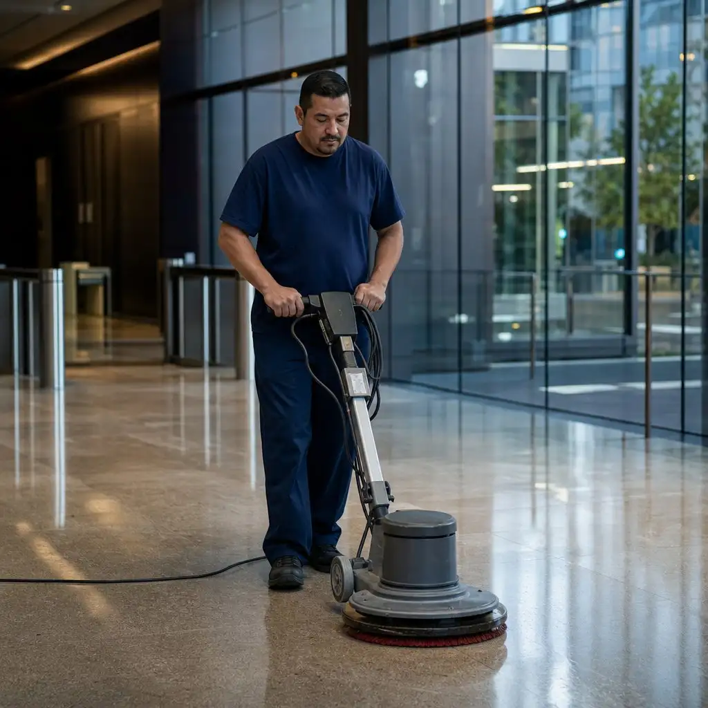 Commercial cleaner running a floor machine across an office lobby