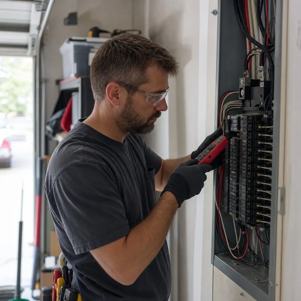Electrician testing circuits in an open electrical panel