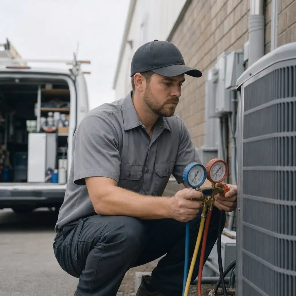 HVAC technician checking gauges on an outdoor condenser unit