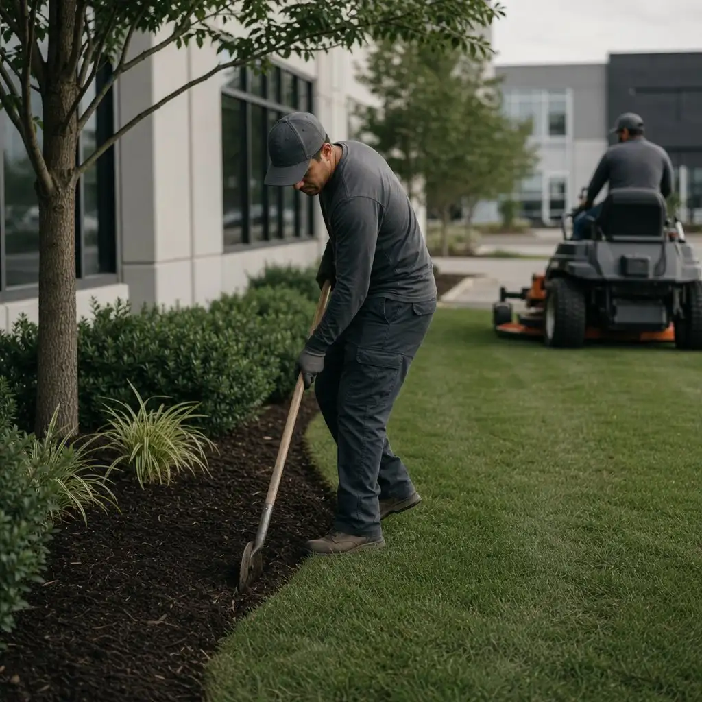 Landscaping crew edging a planting bed on a commercial property