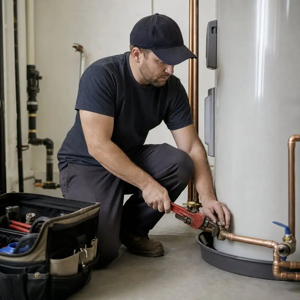 Plumber tightening a fitting at a water heater