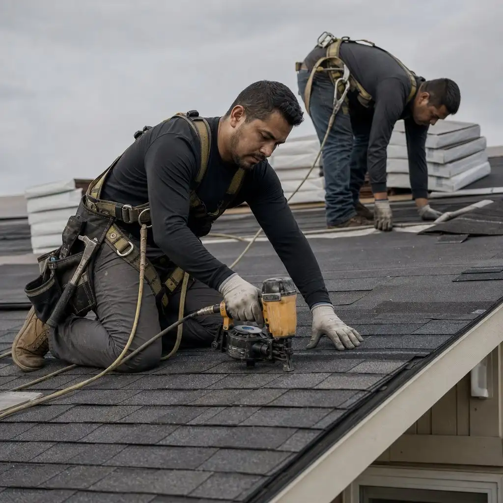 Two roofers in harnesses installing shingles on a pitched roof